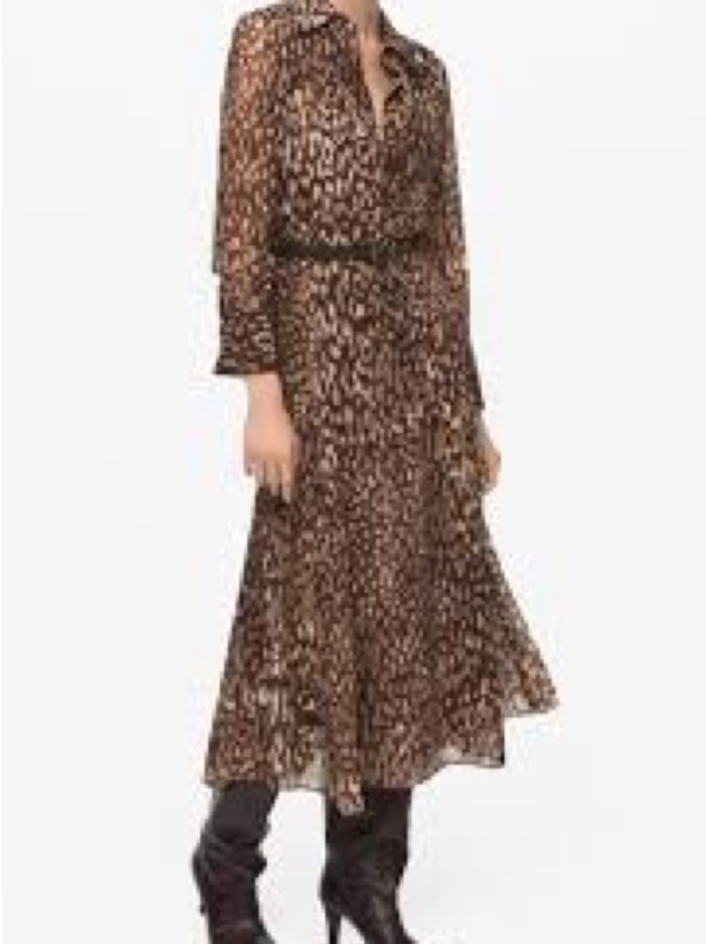 Mango Leopard Print Long-Sleeve Midi Shirt Dress Stefi Size S NWT
